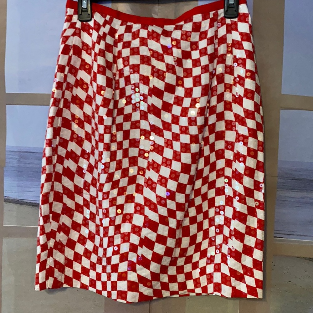 Teri Jon Red & white checkered flag sequin skirt